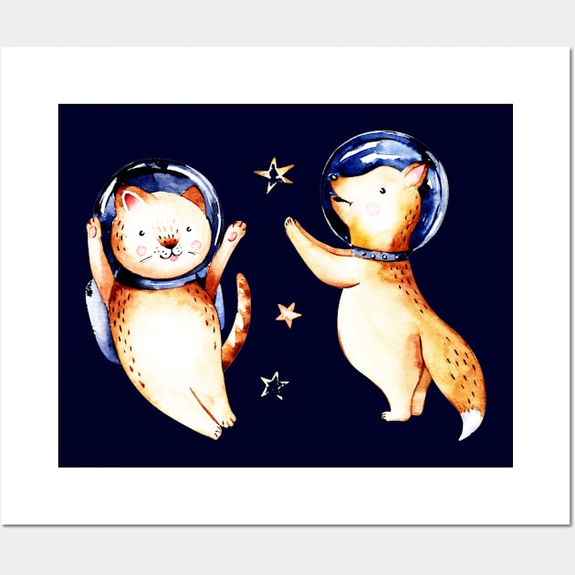 Cat and Fox in space Wall Art by big_owl